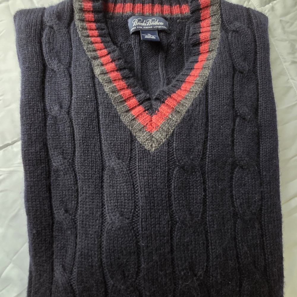 Brooks Brothers Men's V-Neck Sweater in Black with Red and Gray Stripes
